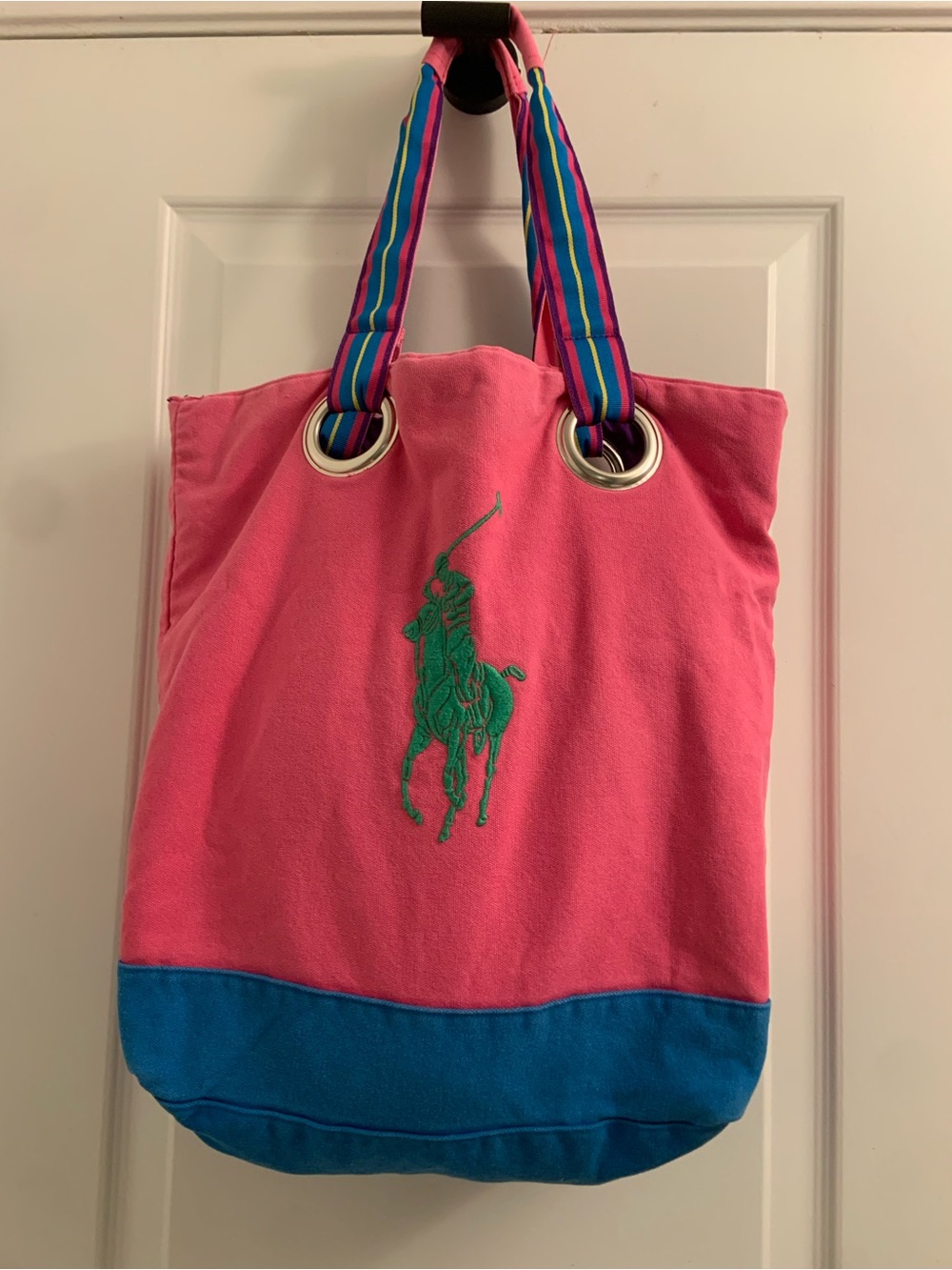 Ralph Lauren Pink Canvas Tote with Blue Base and Green Polo Embroidery